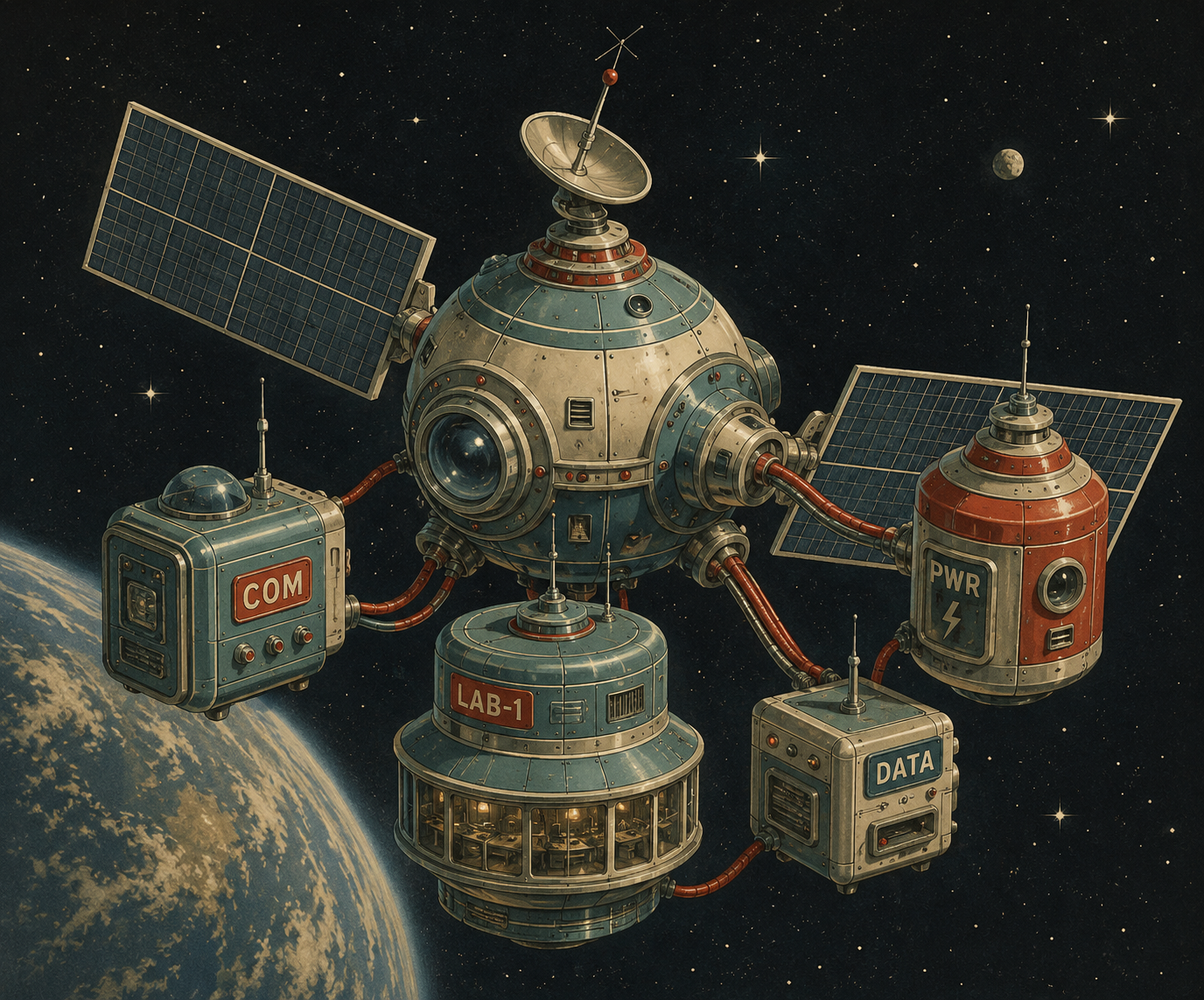 Une image d'un satellite sur lequel différent modules sont branché.